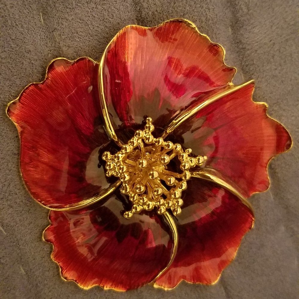 Alana Stewart Vintage SIGNED Large Enamel & Gold Tone Red Poppy brooch